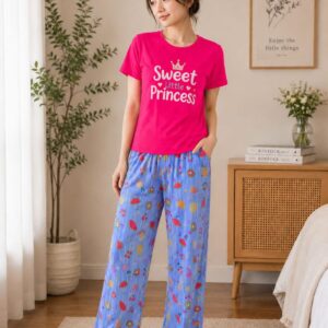 Printed Design Night Suit - Pink Sweet Princess Fruit Stripe