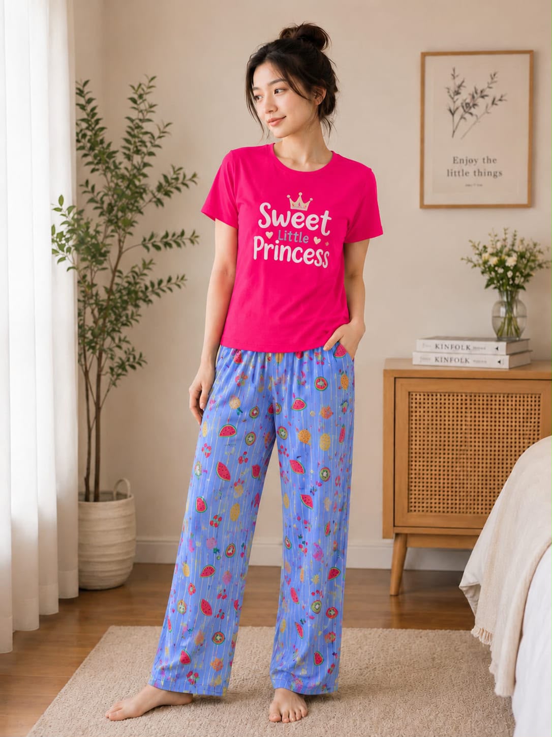 Printed Design Night Suit - Pink Sweet Princess Fruit Stripe