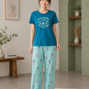 Printed Design Night Suit - Teal Keep Growing Peacock