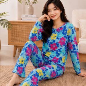 Printed Design Night Suit - Blue Floral All Over Print
