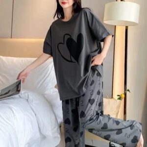 Printed Design Night Suit - Charcoal Big Heart Oversized