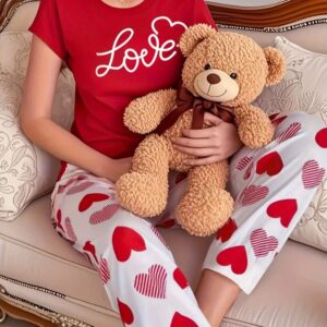 Printed Design Night Suit - Red Love Heart Print