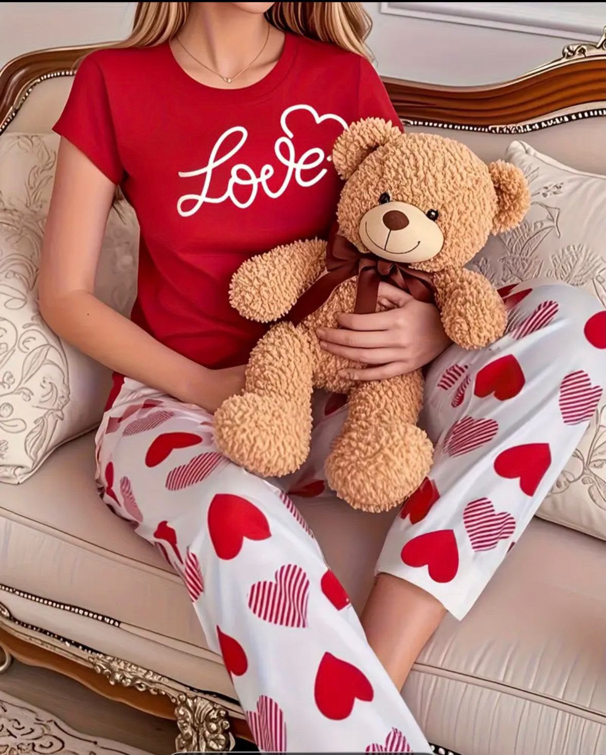 Printed Design Night Suit - Red Love Heart Print