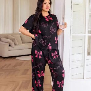 Printed Design Night Suit - Black Pink Bow (Plus Size)