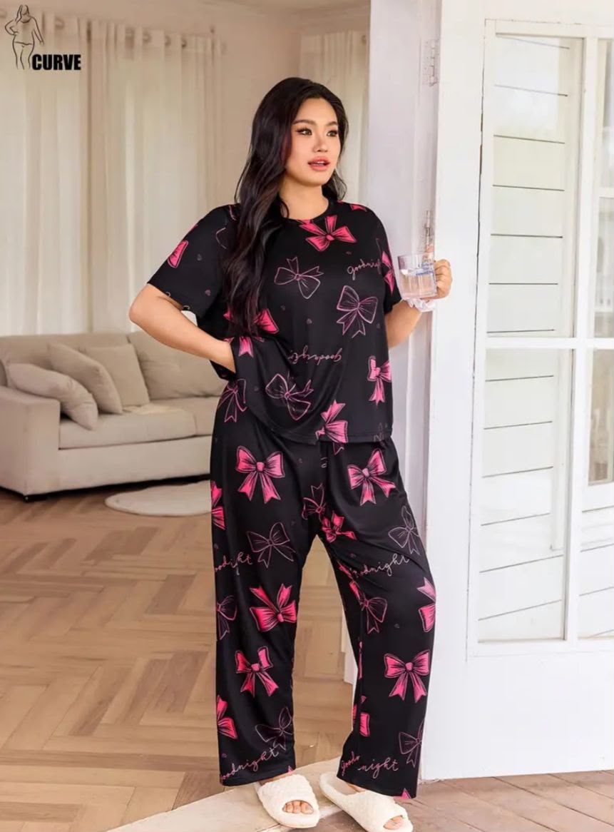 Printed Design Night Suit - Black Pink Bow (Plus Size)