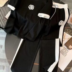 Printed Design Night Suit - Black Rosette Ringer