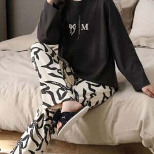 Printed Design Night Suit - Black Ribbon Monogram with Ivory Print