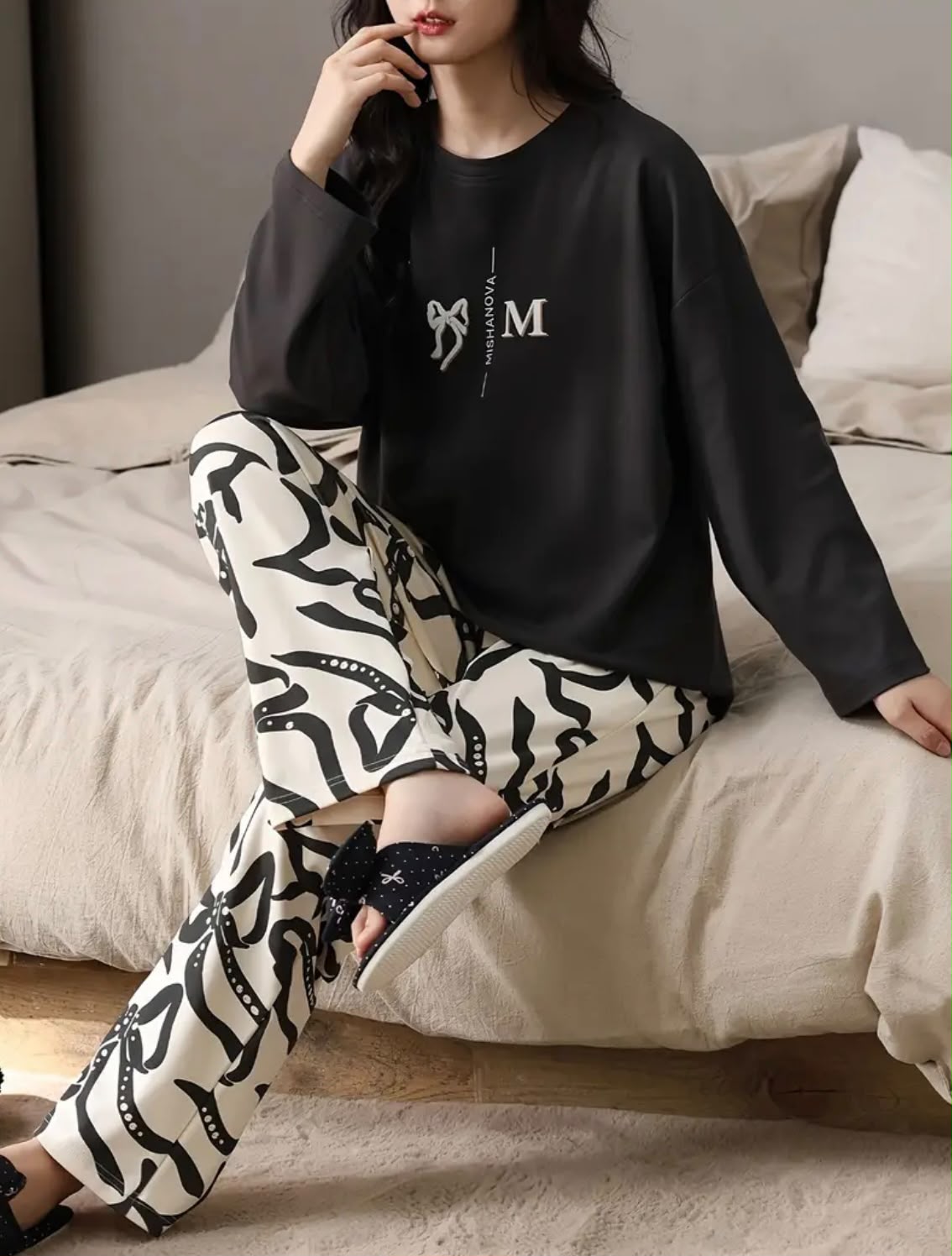 Printed Design Night Suit - Black Ribbon Monogram with Ivory Print