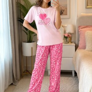 Printed Design Night Suit - Pink Two Lovely Hearts