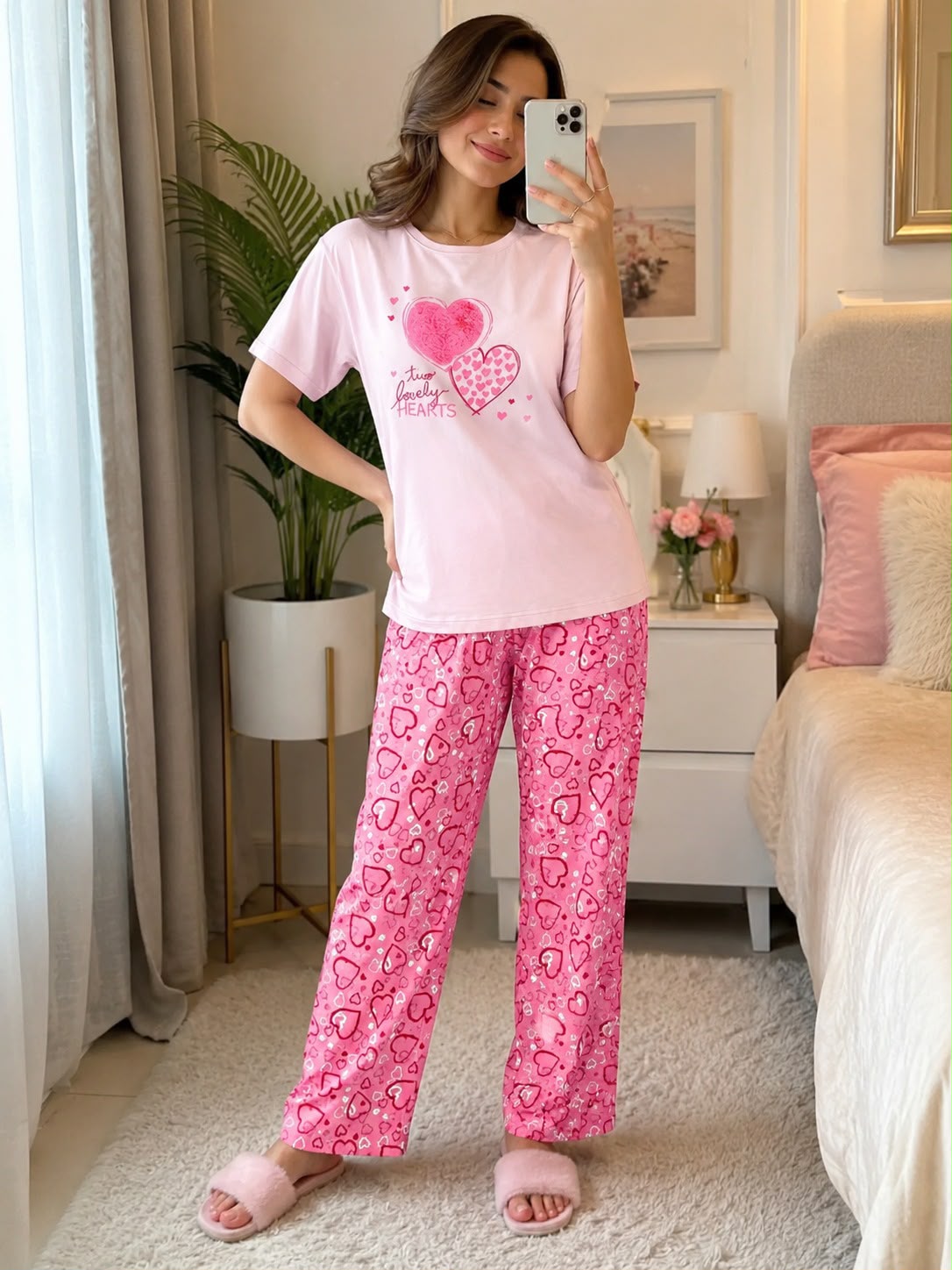Printed Design Night Suit - Pink Two Lovely Hearts