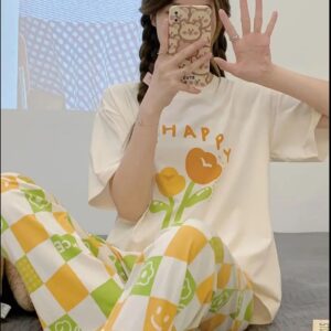 Printed Design Night Suit - Cream Happy Tulip Checkerboard