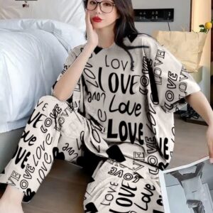 Printed Design Night Suit - Cream Love Typography Oversized