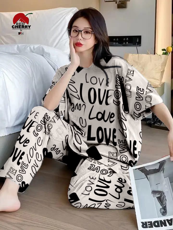 Printed Design Night Suit - Cream Love Typography Oversized