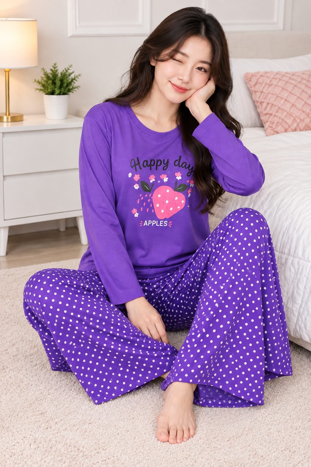 Printed Design Night Suit - Purple Happy Day Apples Polka Dot