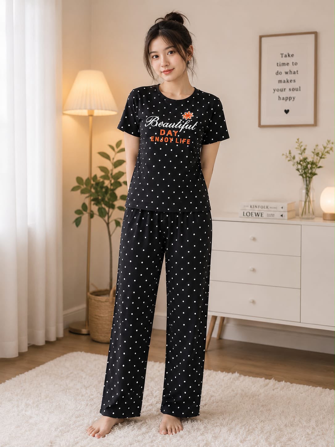 Printed Design Night Suit - Black Polka Dot Beautiful Day