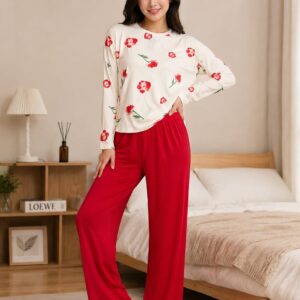 Printed Design Night Suit - White Red Poppy Floral with Red Pants