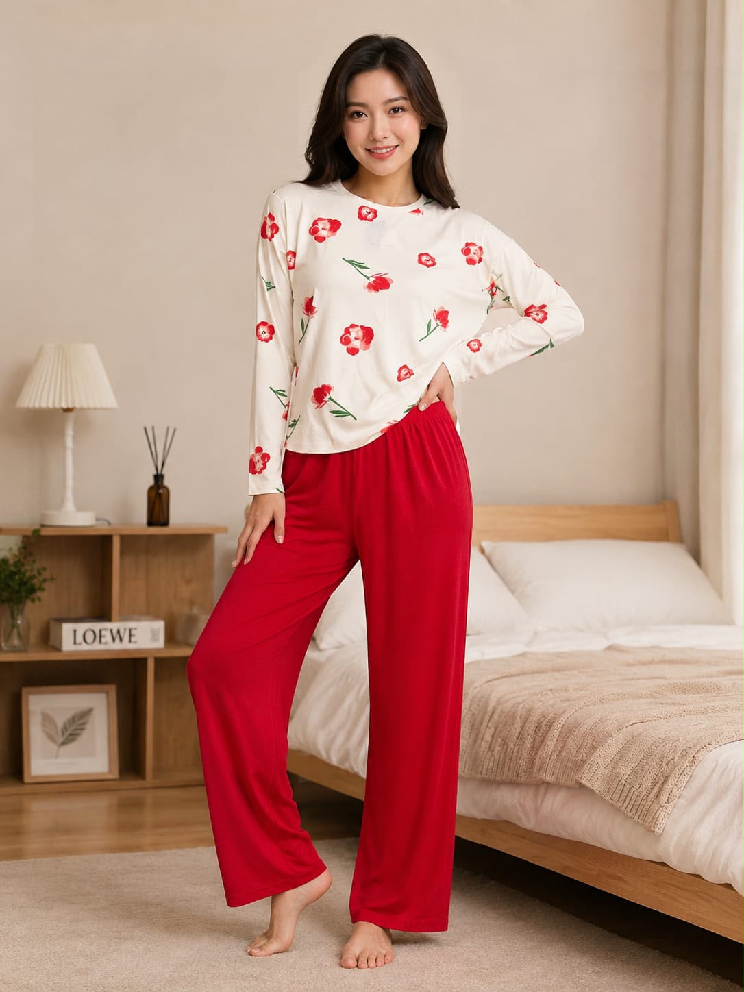 Printed Design Night Suit - White Red Poppy Floral with Red Pants