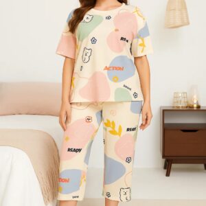 Printed Design Night Suit - Cream Pastel Shapes Capri