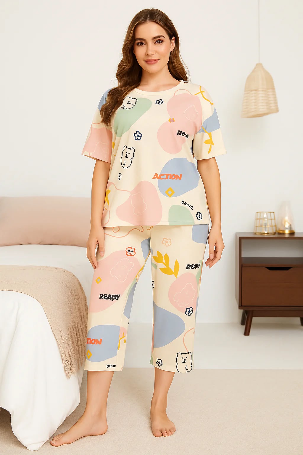 Printed Design Night Suit - Cream Pastel Shapes Capri