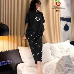 Printed Design Night Suit - Black Smiley Print