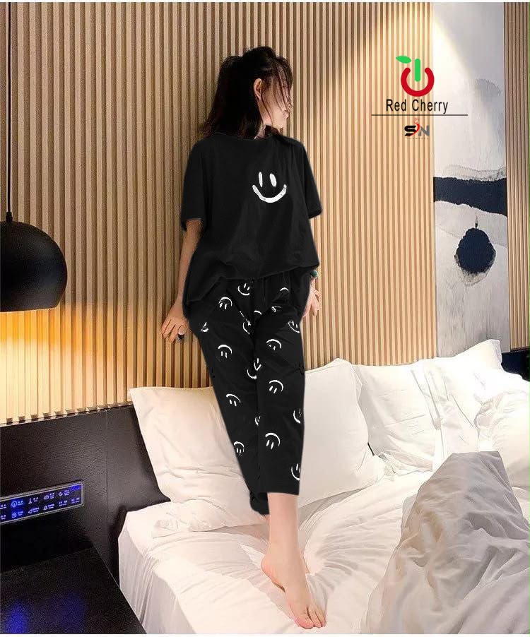 Printed Design Night Suit - Black Smiley Print