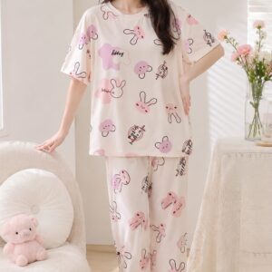 Printed Design Night Suit - Cream Bunny Print