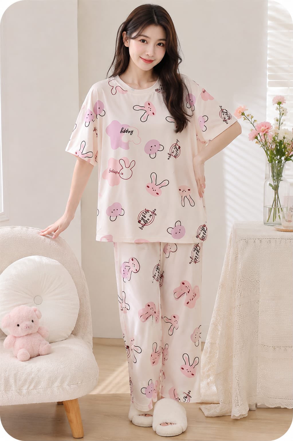 Printed Design Night Suit - Cream Bunny Print