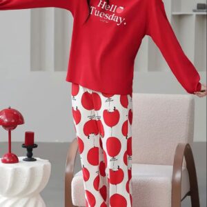 Printed Design Night Suit - Red Hello Tuesday Cherry Balloon