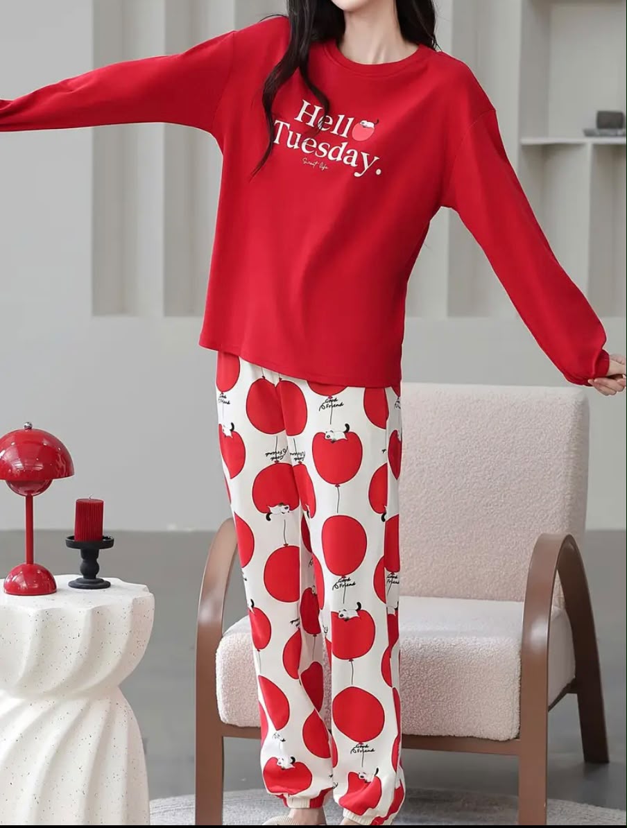 Printed Design Night Suit - Red Hello Tuesday Cherry Balloon