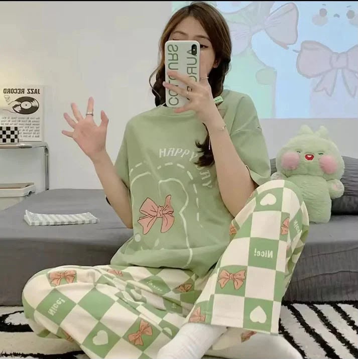 Printed Design Night Suit - Sage Green Bow and Checkerboard