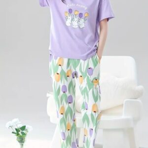 Printed Design Night Suit - Lavender Cute Bunny Tulip Print