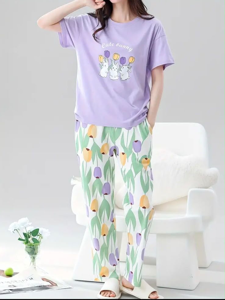 Printed Design Night Suit - Lavender Cute Bunny Tulip Print