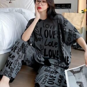 Printed Design Night Suit - Grey Love Typography Oversized