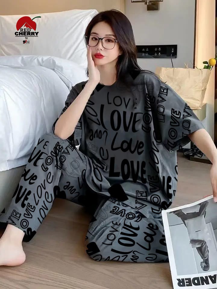Printed Design Night Suit - Grey Love Typography Oversized
