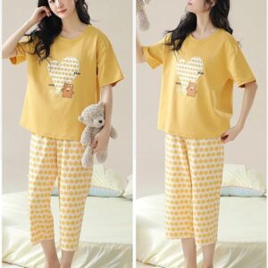 Printed Design Night Suit - Yellow Cute Bear Daisy Capri